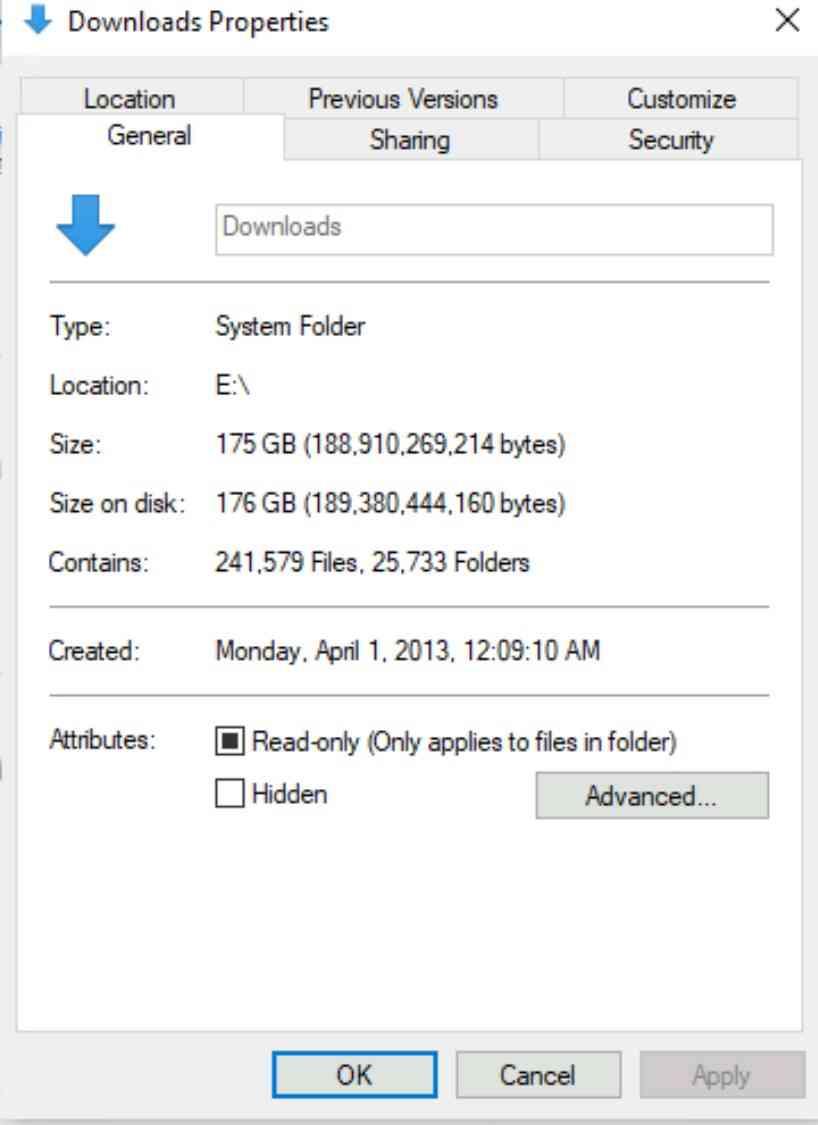 Downloads folder with 175 GBs of files, 241,579 files, and 25,733 folders created April 1st 2013.