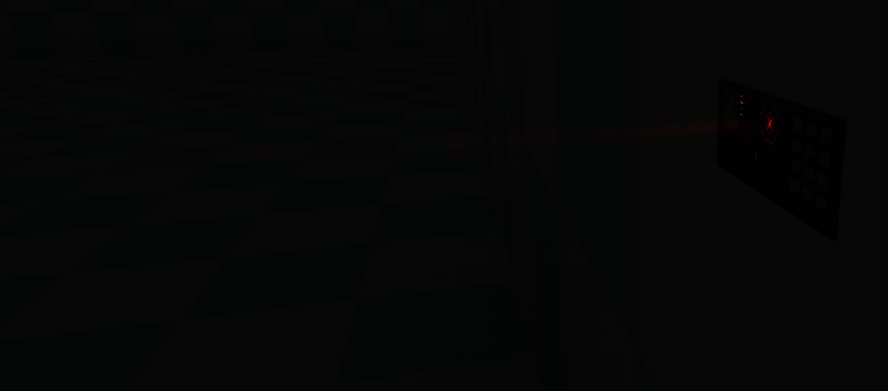 A screenshot of the game Doom, running in the ZDoom engine along with the mod Hideous Destructor, showcasing a recent improvement to the explosive device that uses a laser to trigger its detonation.  The laser visuals have been improved to react to the player wearing Night-Vision Goggles, so this first screenshot is taken in a dark room where the device is barely visible on the wall to the right of the camera, it's faint red glow being barely visible in the pitch black room.