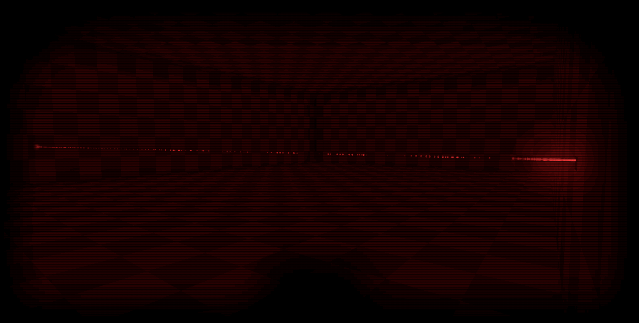 A screenshot of the game Doom, running in the ZDoom engine along with the mod Hideous Destructor, showcasing a recent improvement to the explosive device that uses a laser to trigger its detonation.  The laser visuals have been improved to react to the player wearing Night-Vision Goggles, so this second screenshot is taken in a dark room while the player is wearing a pair, the visor's red filter illuminating the walls beyond.  The faint red glow from before is now made visible shooting across the space, broken up by atmospheric density shifts