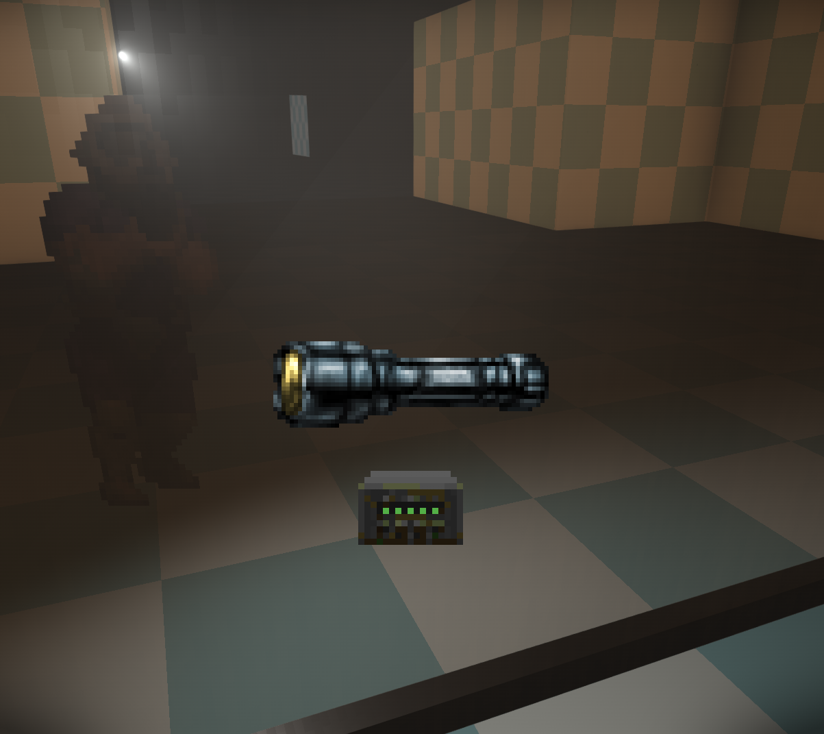 A screenshot of the game Doom running in ZDoom with Hideous Destructor loaded.  The camera is from the player's perspective, looking at a mirror with a flashlight presented in the center of the screen as though the player is manipulating it in their inventory.

In the reflection of the mirror, the player is visible, looking back towards the camera, a cone of light is visible above their head, indicating the flashlight is mounted on top of the player's helmet.