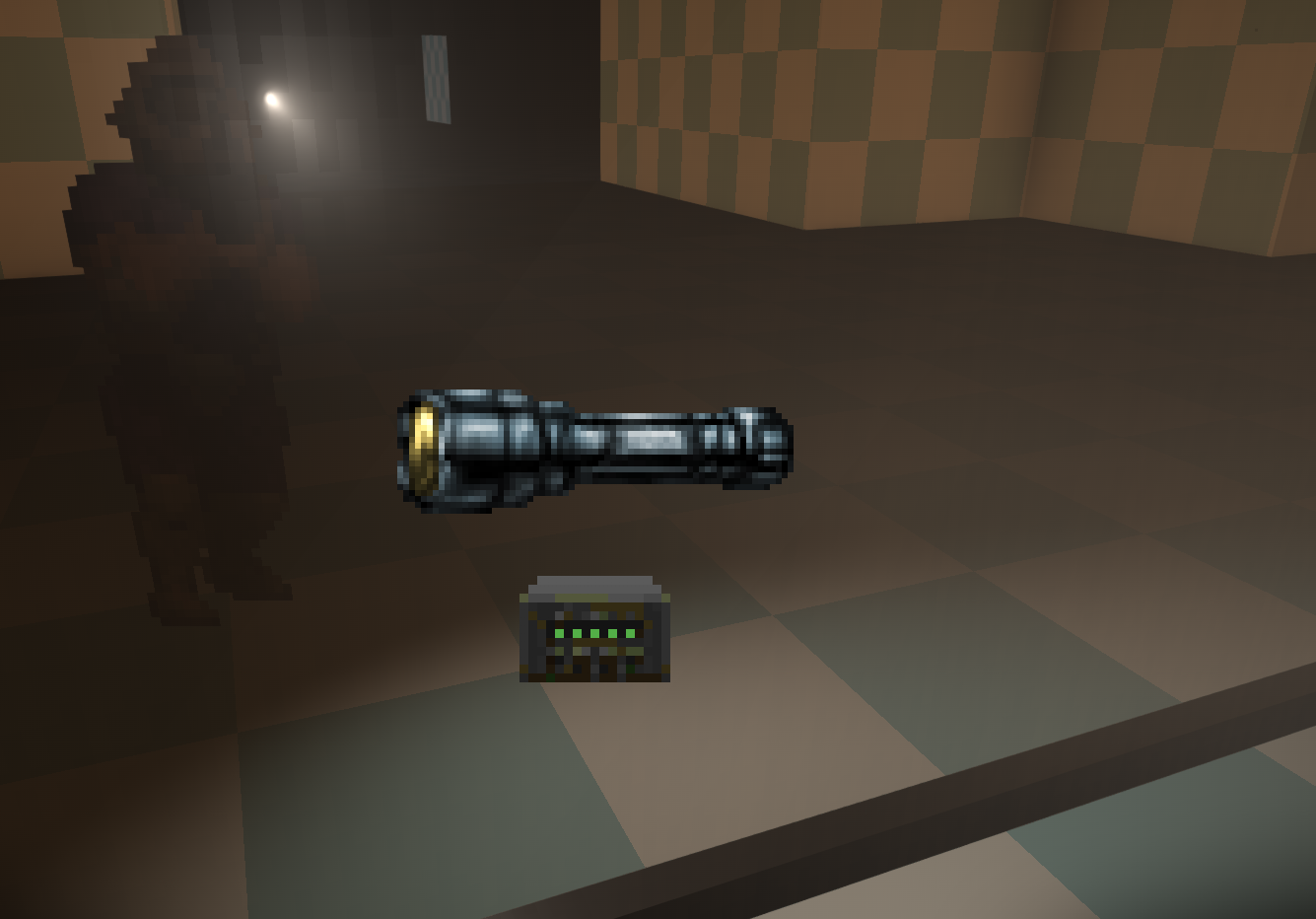 A screenshot of the game Doom running in ZDoom with Hideous Destructor loaded.  The camera is from the player's perspective, looking at a mirror with a flashlight presented in the center of the screen as though the player is manipulating it in their inventory.

In the reflection of the mirror, the player is visible, looking back towards the camera, a cone of light is visible to the right of the player in the reflection, indicating the player has the flashlight mounted on their left shoulder