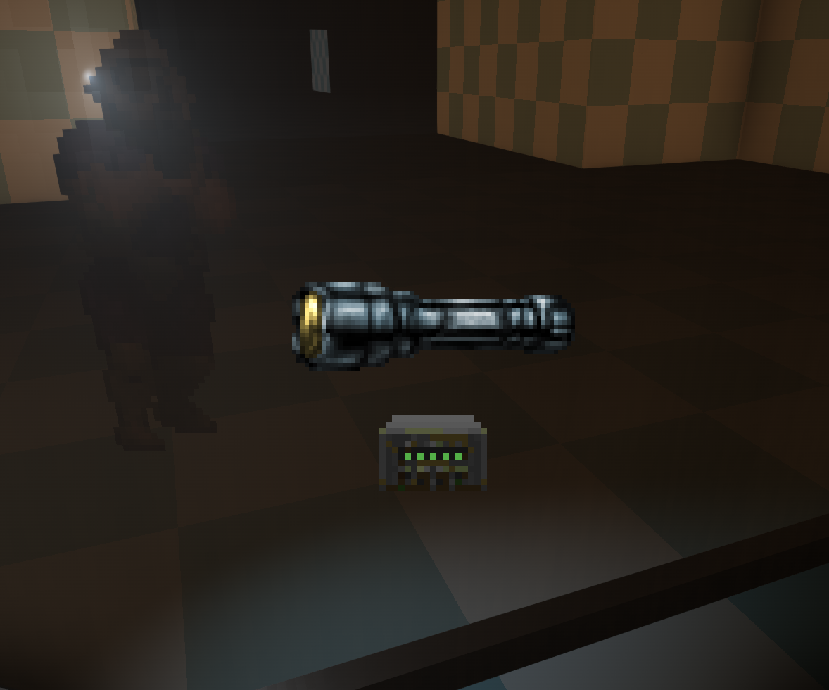 A screenshot of the game Doom running in ZDoom with Hideous Destructor loaded.  The camera is from the player's perspective, looking at a mirror with a flashlight presented in the center of the screen as though the player is manipulating it in their inventory.

In the reflection of the mirror, the player is visible, looking back towards the camera, a cone of light is visible to the left of their head, indicating the flashlight is mounted on the right side of the player's helmet.