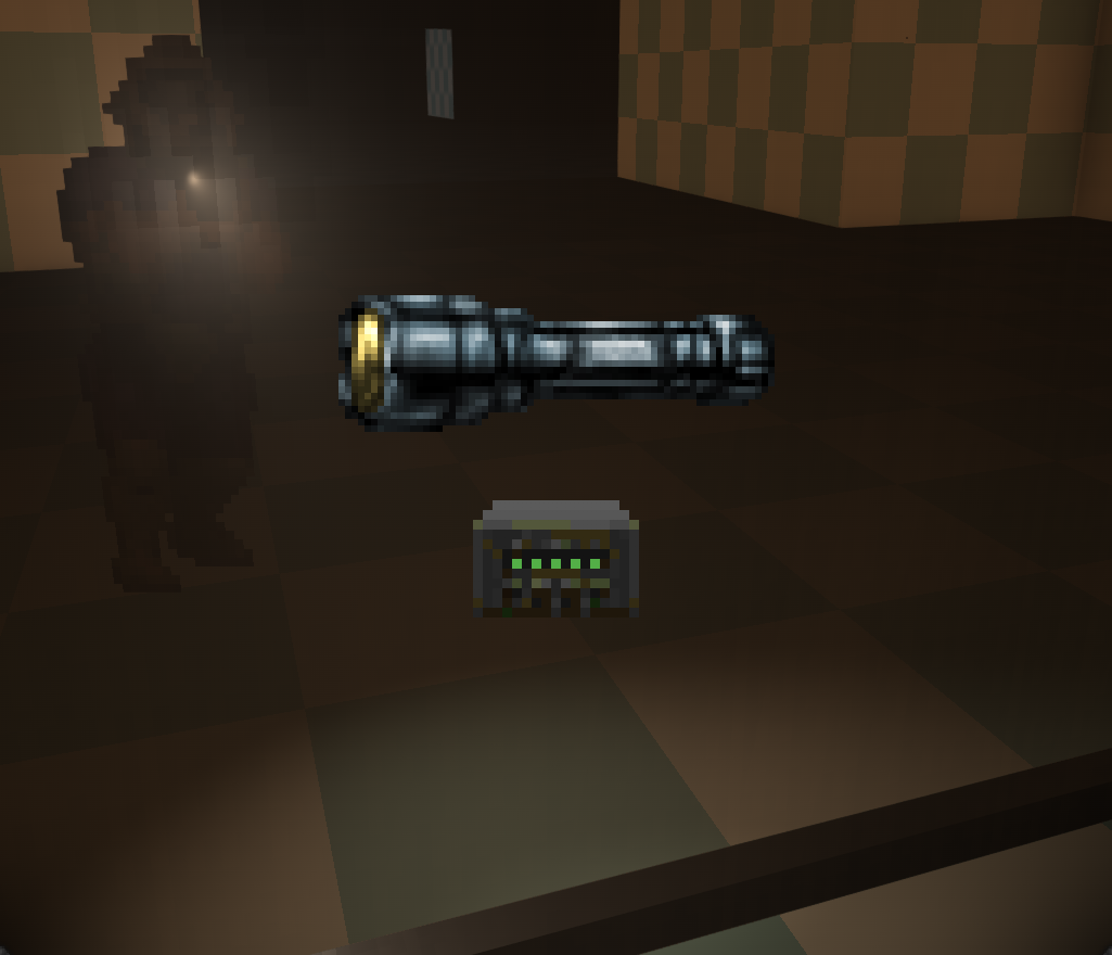 A screenshot of the game Doom running in ZDoom with Hideous Destructor loaded.  The camera is from the player's perspective, looking at a mirror with a flashlight presented in the center of the screen as though the player is manipulating it in their inventory.

In the reflection of the mirror, the player is visible, looking back towards the camera, a cone of light is visible in front of the player's sprite, indicating they are holding the flashlight in their hands.