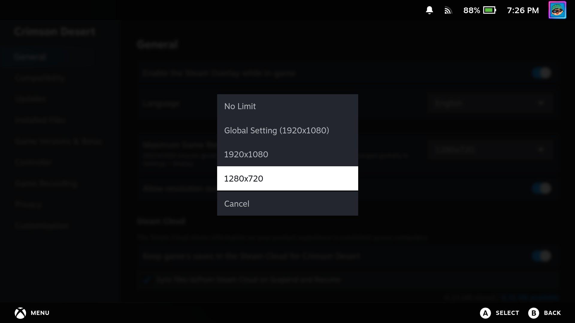 A screenshot of a video game settings menu on a Steam interface shows an open resolution dropdown list. The menu presents several options including "No Limit," "Global Setting (1920x1080)," and "1920x1080." The option "1280x720" is highlighted in white to indicate it is currently selected, with a "Cancel" button visible at the bottom of the list.