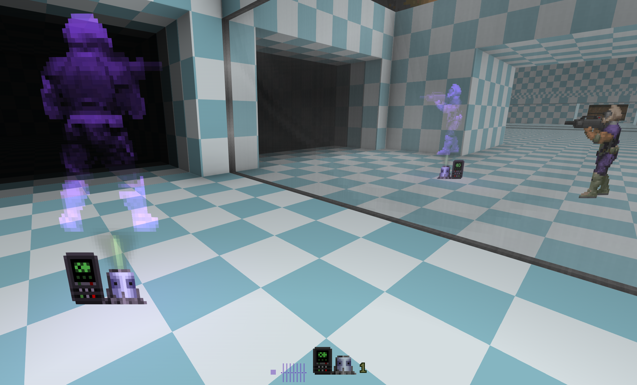 A screenshot of the game Doom, from the player's perspective in a room full of placeholder textures, a mirror off to the right.  There's a small device placed off to the left with a purple holographic image of the player hovering above it, reflected in the mirror.
