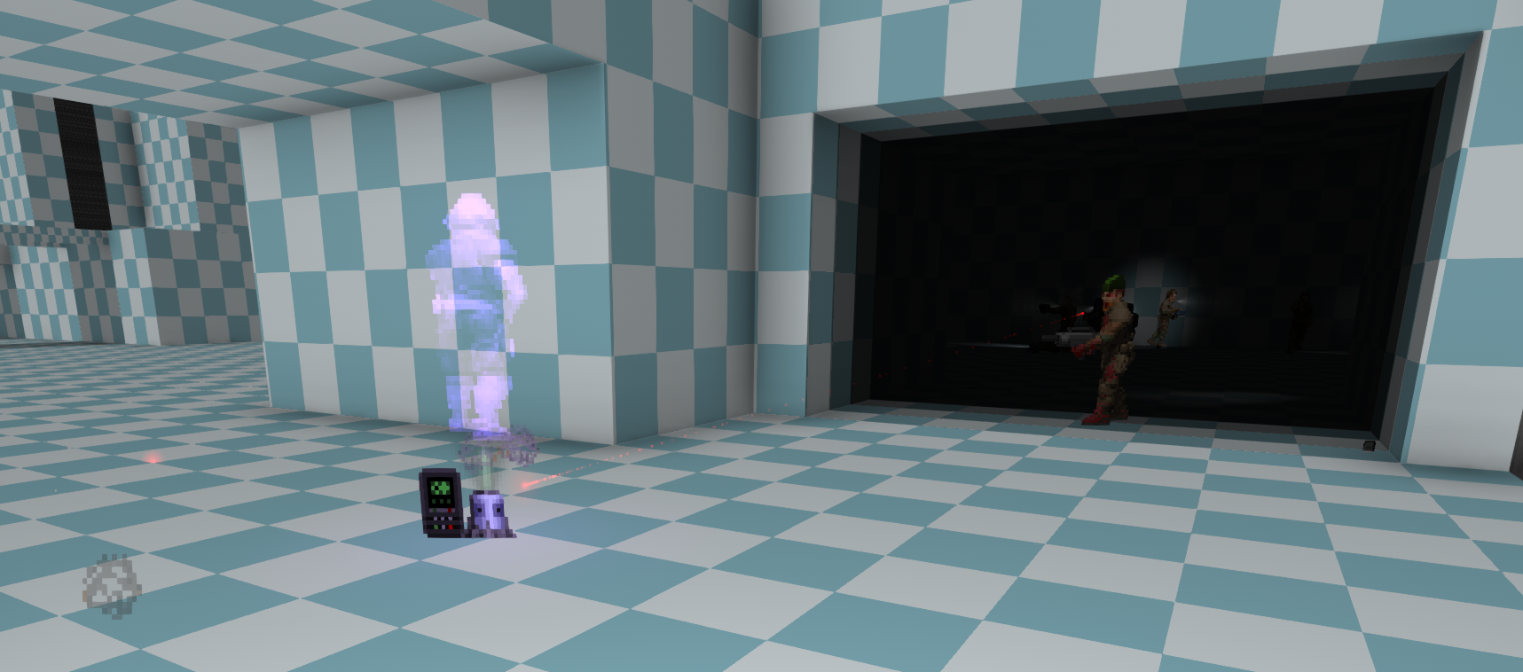 A screenshot of the game Doom, from the player's perspective in a room full of placeholder textures, a dark hallway off to the right.  There's a small device placed off to the left with a purple holographic image of the player hovering above it, and a zombie holding a rifle aiming at the device.