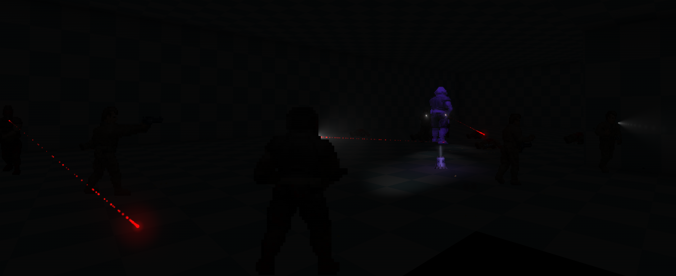 A screenshot of the game Doom, from the player's perspective in a dark room full of placeholder textures.  There's a small device placed in the center with a purple holographic image of the player hovering above it, with several zombies shining flashlights around the room.  Some of them are aiming at the device.