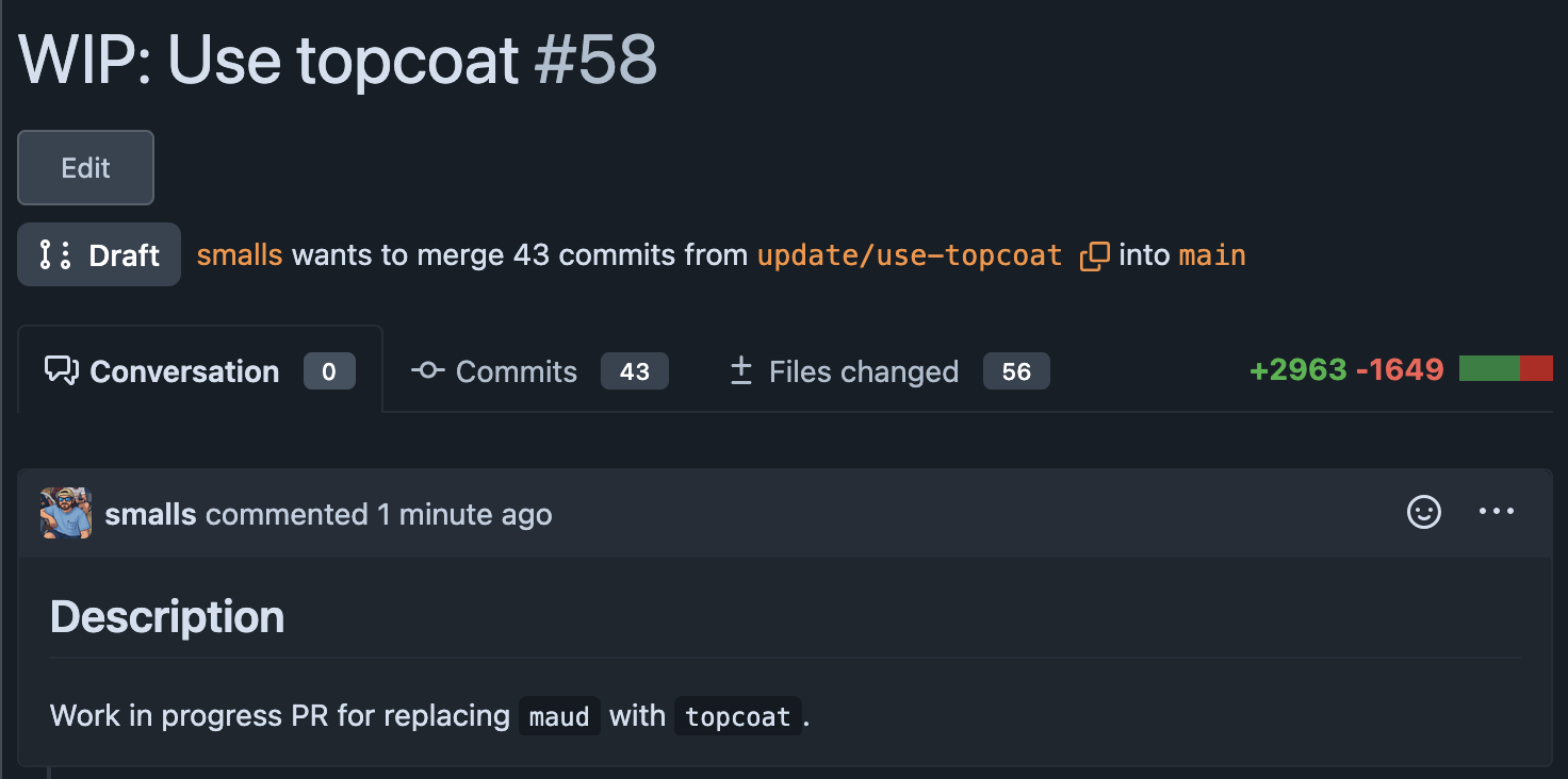 A screenshot showing a draft pull request titled "WIP: Use topcoat #58". The PR shows zero conversations, 43 commits, 56 files changed with 2,963 lines added and 1,649 lines deleted. A comment by smalls describes this as a work in progress pull request for replacing maud with topcoat.