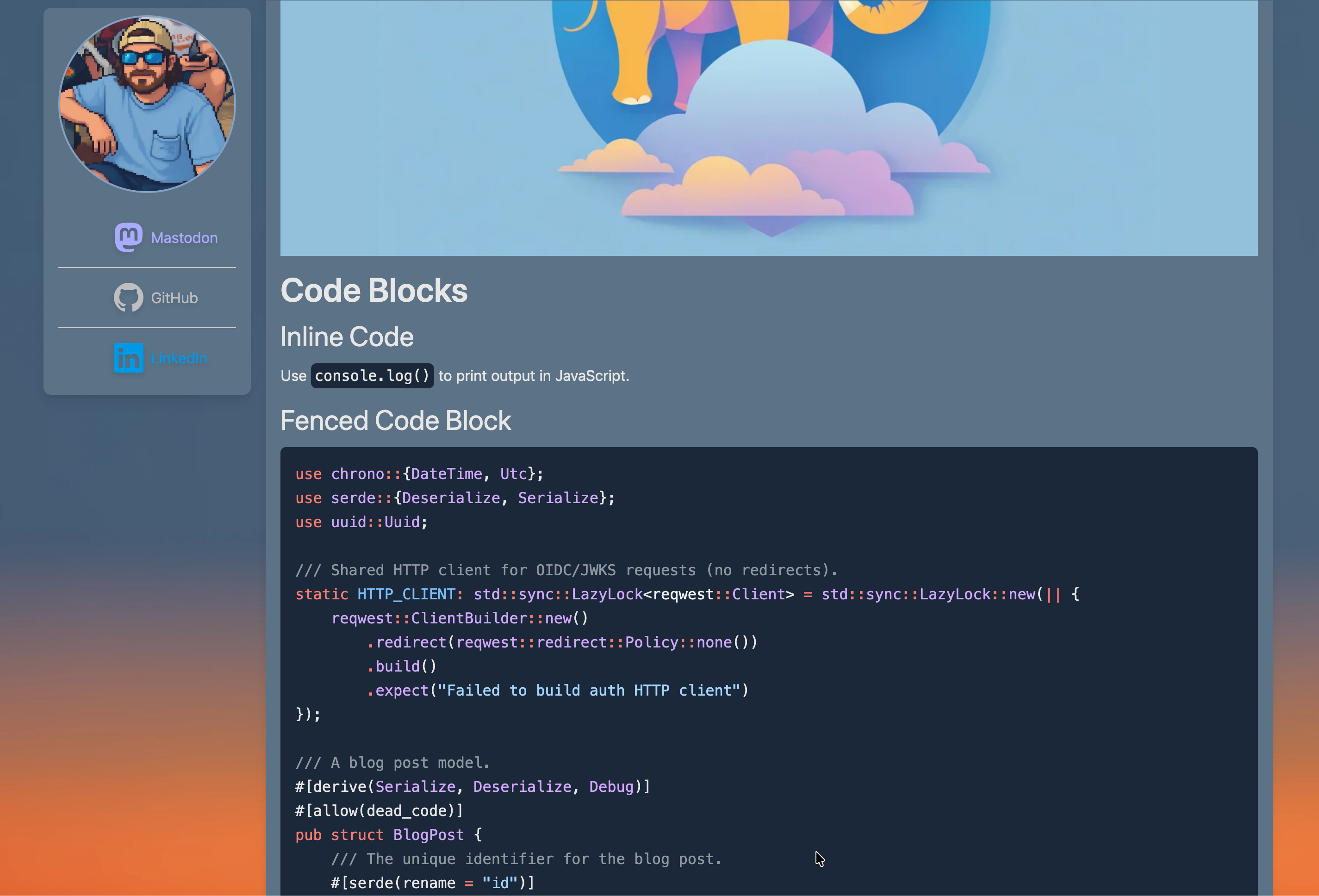 A screenshot of a personal website portfolio featuring a colorful banner illustration of clouds and elephant legs. The left sidebar contains a circular profile photo of a person in a cap and sunglasses, along with social media links for Mastodon, GitHub, and LinkedIn. The main content area displays documentation on code blocks, including a large dark-themed block showing Rust programming syntax under the heading "Fenced Code Block."